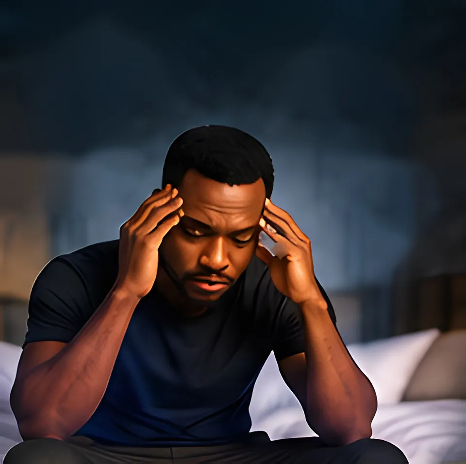 A man sitting on the edge of a bed in a dark room, hands on his head, lost in thought.